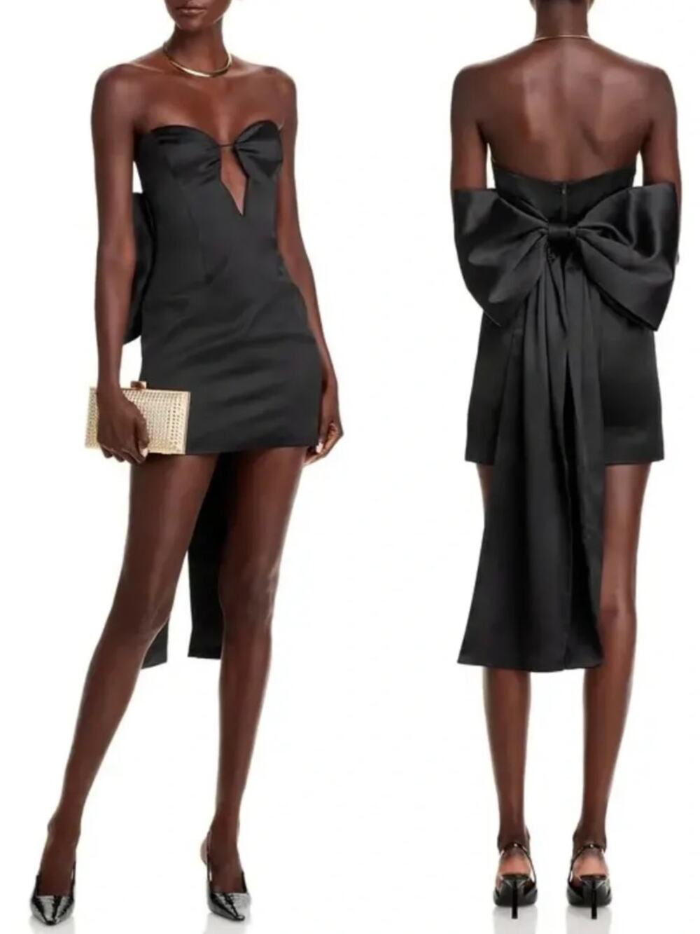 Anthropologie Bardot ELENI Strapless Bow Back Satin Mini Dress Black 10 NWT $178